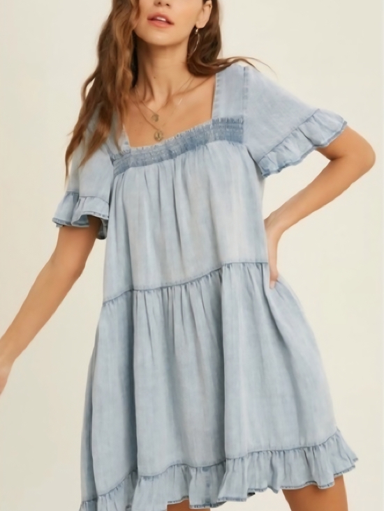 Free People Dresses & Skirts - Free People Light Blue Tiered Square-Neck Mini Dress
